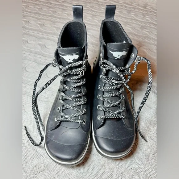 ROCKET DOG Black Rubber Rain Boots Womens Hi Tops Lace Up #1027 - Picture 2 of 9
